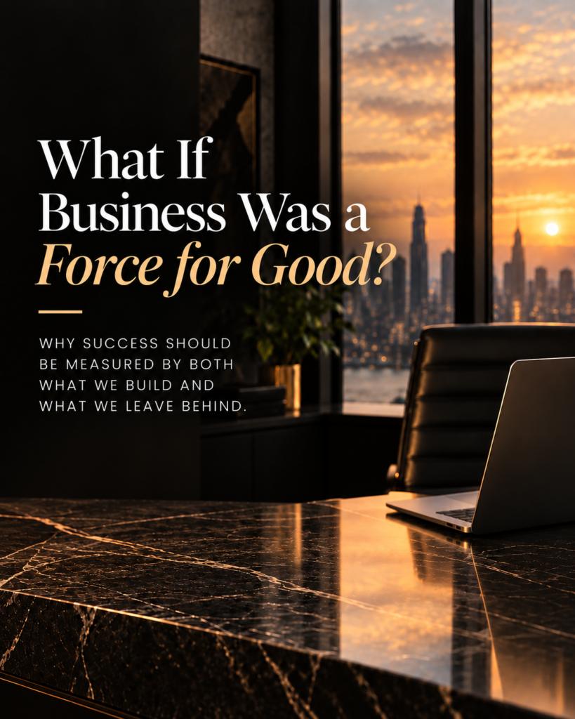 Sunset viewed from an office, with the headline What If Business Was a Force for Good?